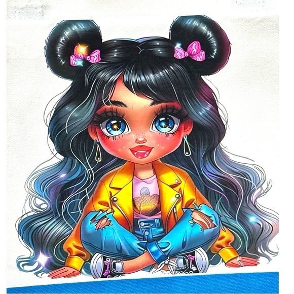 Large Canvas Tote Bag with Cute Cartoon Girl Art | Hand Pressed | 17”x14” | New - Picture 3 of 4